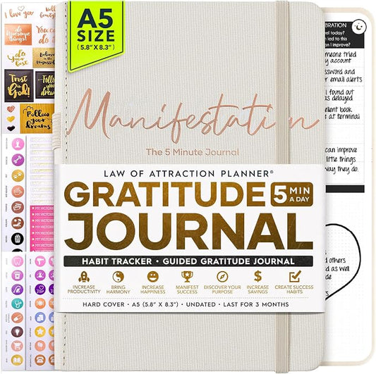 Gratitude Journal for Women and Men — 5 Minute Self Care Journal | Mindfulness, Manifestation, Affirmation | 3 Month Productivity Planner | Undated Daily Planner, Vision Board + Stickers