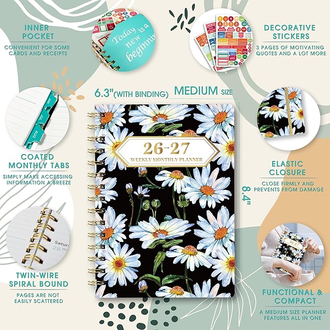 Planner 2026-2027, Academic Year Planner - Daily, Weekly & Monthly Calendar, Jul 2026 - Jun 2027, 6.3" x 8.5", Spiral Notebook with Tabs, Stickers & Inner Pocket, Ideal for School, Office, Home
