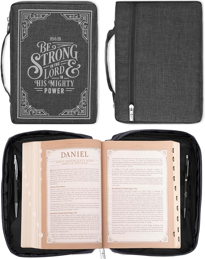 Christian Art Gifts Men/Women's Bible Cover Strong in The Lord Ephesians 6:10, Gray Canvas, Medium