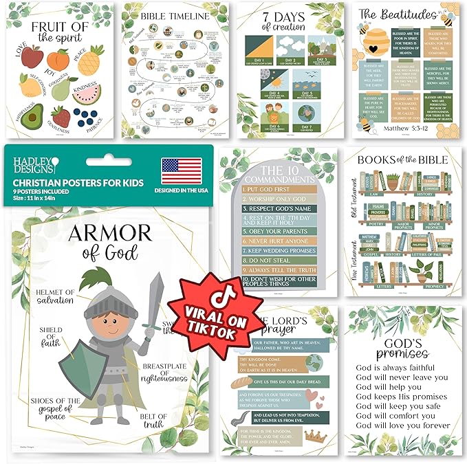 Hadley Designs Sunday School Decorations for Classroom –9 Bible Posters for Kids, Books of the Bible, 10 Commandments, Bible Timeline Chart, Fruits of the Spirit, Greenery Christian Classroom Decor