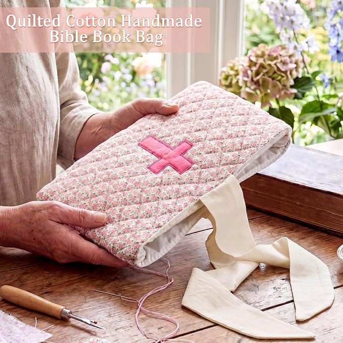 Honoson Quilted Bow Bible Sleeve Cover Case Padded Protector Washable Bible Bag Pouch Christian Gift for Women Girls Book Lover Gifts(Pink Floral Cross)