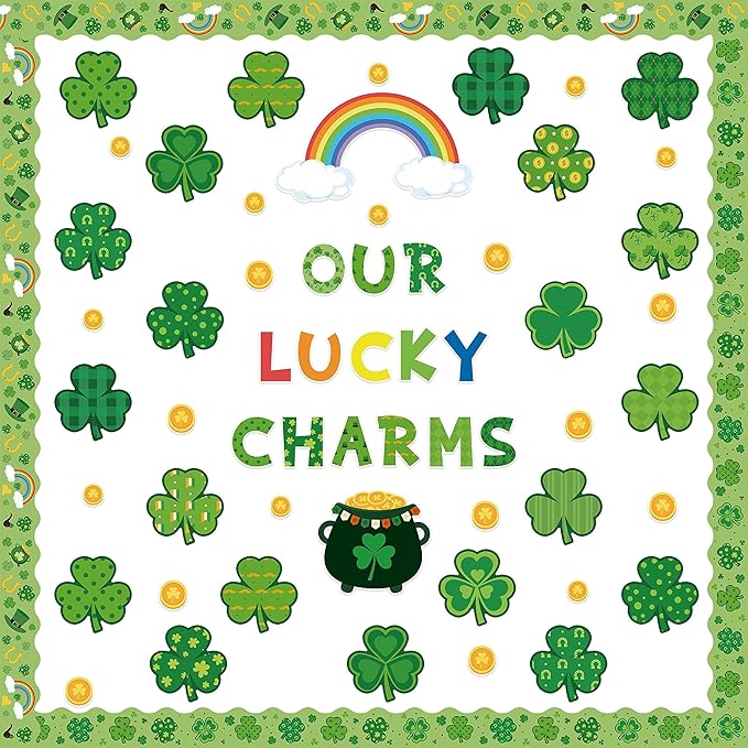 Clover Bulletin Board Cutouts- 121P Our Lucky Charms Shamrock First Day of School Bulletin Board for Classroom Party Home School Wall Decor, Back to School Gold Rainbow Stockpot Cutouts