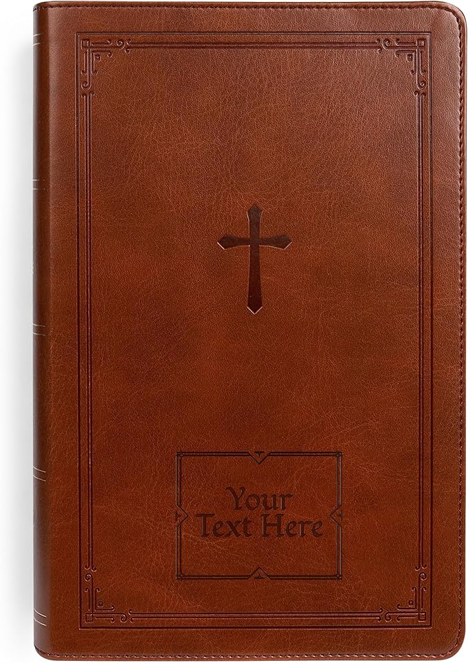 Personalized NKJV Reference Bible, Custom Name Text & Design, New King James Version, Large Print, Red Letter, Cross References, Faux Leather Brown, Baptism Confirmation Gift