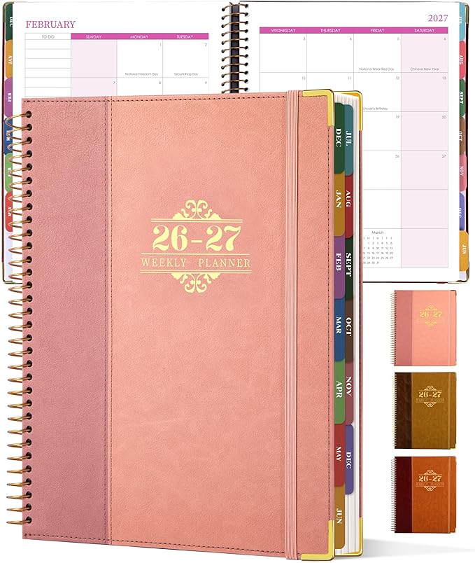 Planner 2026-2027, Leather Two-Tone Planner, 18 Month Weekly and Monthly Planner Calendar with Tabs, Jul 2026–Dec 2027, Large 8.5" x 11" A4 Hardcover Spiral Agenda Planner for Home, School and Work （Pink）