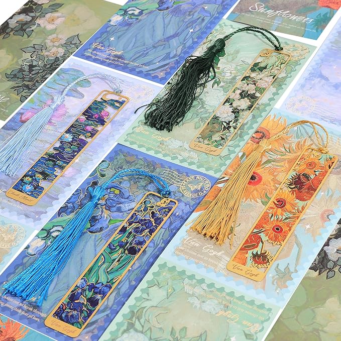 4 Pieces Metal Bookmarks with Tassel, Golden Hollow Bookmark Oil Painting Theme Book Mark Bookmarks for Book Lovers Writers Readers Children Teens Men Women Adults