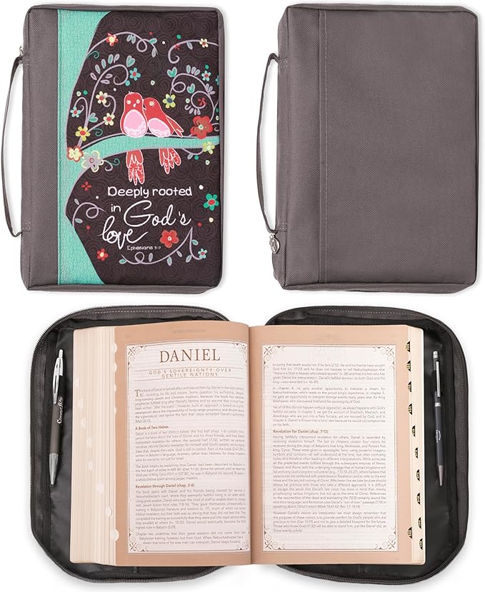 Christian Art Gifts Men & Women’s Bible Cover – Deeply Rooted in God’s Love, Gray Canvas, Large Size – Durable Zipper Case with Handle, Pen Loop, Interior & Exterior Pockets for Daily Use