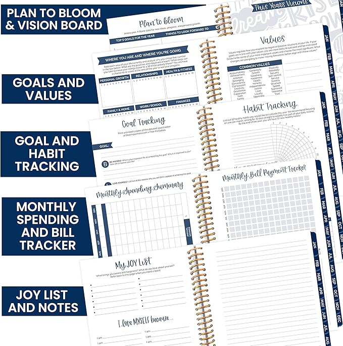 HARDCOVER bloom daily planners 2023 Calendar Year Day Planner (January 2023 - December 2023) - Passion/Goal Organizer - Monthly & Weekly Inspirational Agenda Book - 5.5" x 8.25" - Navy Embroidery