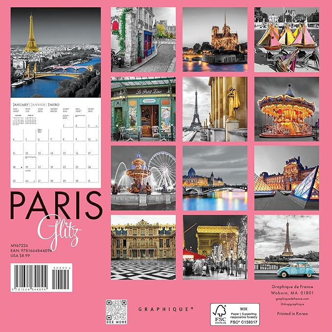 Graphique 2026 Paris Glitz Mini Wall Calendar | 7” x 7” | Thick Paper | Home & Office Organizer | Large Monthly Grid | 3 Languages & Marked Holidays | 4 Month Preview Page for 2027