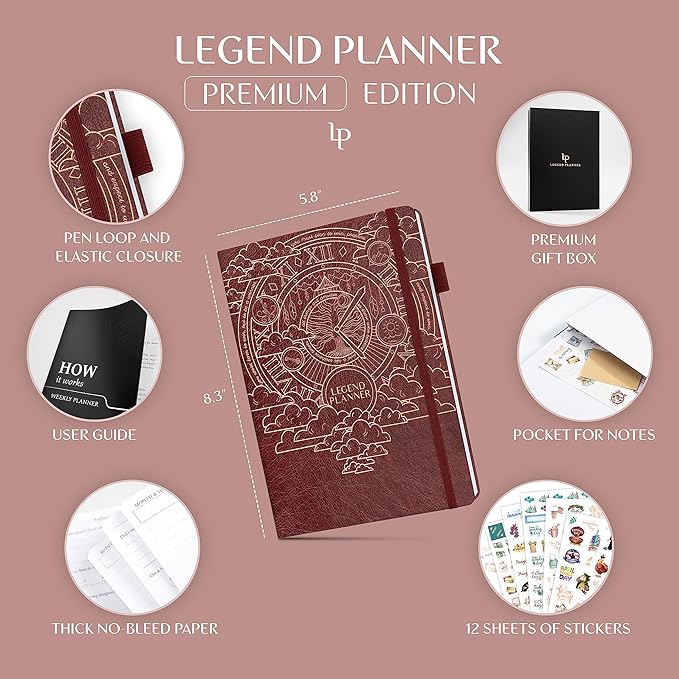 Legend Weekly Planner Premium – Undated Weekly, Monthly & Budget Planner – Life Organizer for Time Management & Productivity, A5 (Wine Red)