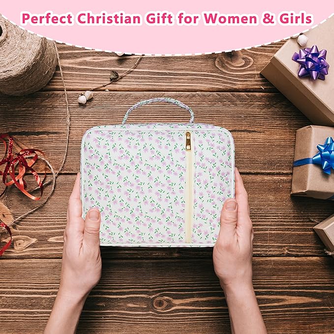 Bible Cover for Women, Large Quilted Case with Handle, Durable Bag and Carrying Case for Girls, Study Supplies Accessories, Christian Gift for Women (Purple Mini Floral, Large-Bag Set)