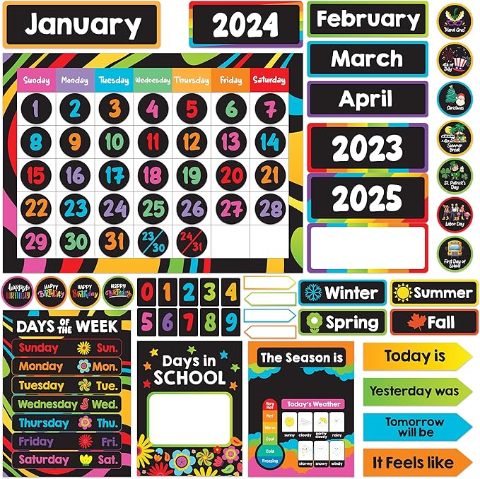 Decorably 143 Pcs Cutouts Inspirational Chalkboard Vibrant Classroom Calendar Set Bulletin Board with Borders - Gloss-Laminated Cardstock for School Hallways, Study Room