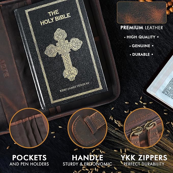 ELIZO Leather Bible Cover Bible Case for Men Women Genuine Leather Bible Bag Holder Cross Large Carrying with Zipper Case Protector Christian Religious Gifts for Mens Pioneer Study