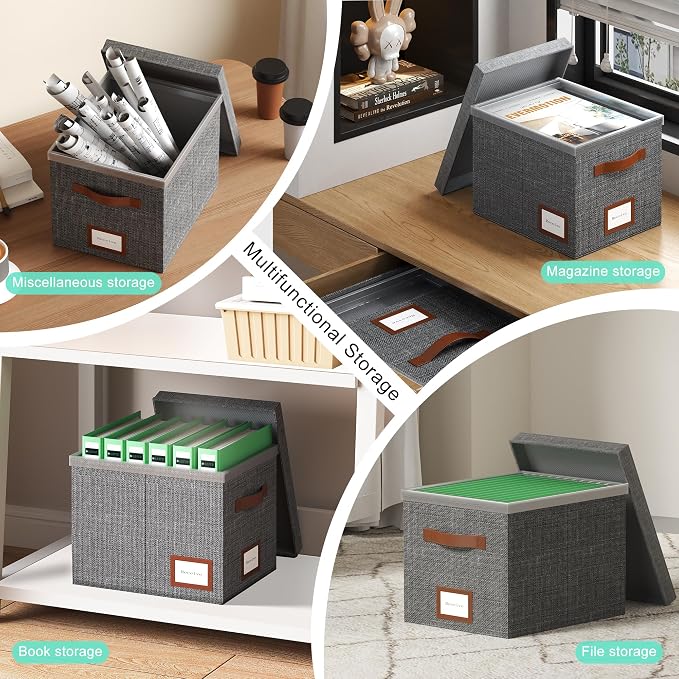 File Organizer Box with Lid File Box for Hanging Decorative File Organizer with One-Piece Integrated Plastic Slide Rail (Grey, 13.2x10.1x10.1inch(3pack))