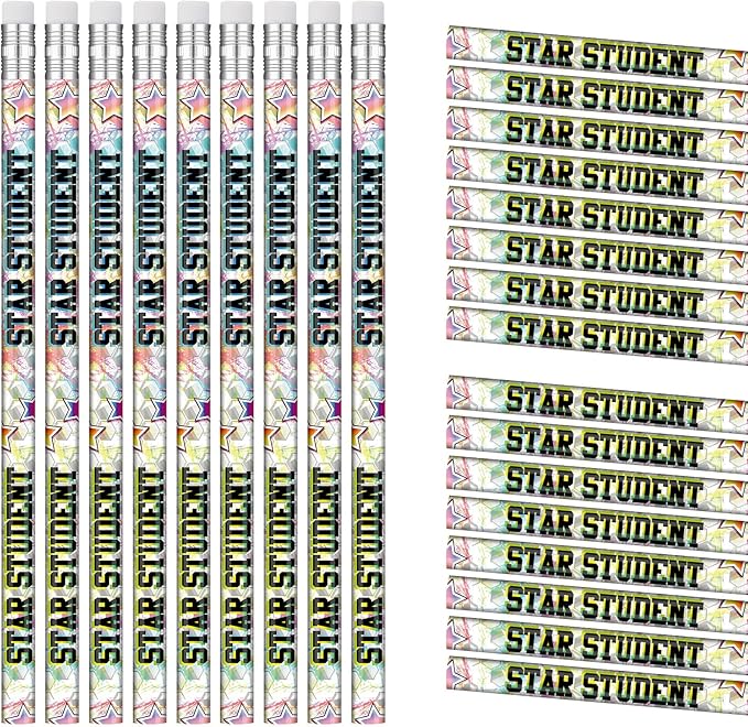 Tenceur 100 Pcs Star Student Motivational Pencils with Erasers Bulk 7.3 Inches Incentives Recognition Education Award Prize for Teacher School Classroom Reward Supplies