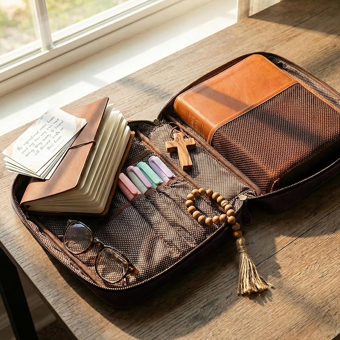 LEATHER VILLAGE Genuine Leather Bible Cover with Zipper for Men & Women - Large Bible Case Carrying Bag Book Cover & Organizer with Handle and Pockets - Leather Bible Covers for Church Study - Cherry
