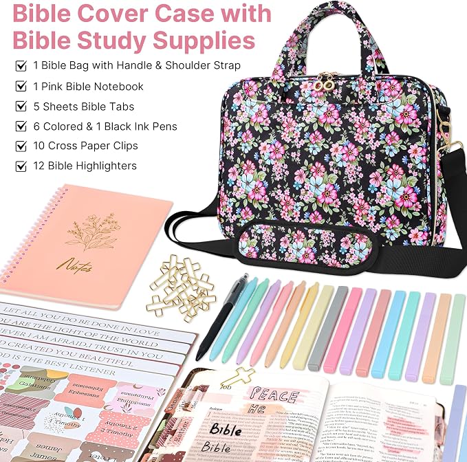 PUGPIU Bible Cover Case for Women, Large Quilted Bible Bag with Shoulder Strap and Handle, Bible Study Supplies Journaling Kit with Highlighters Pens No Bleed Tabs Notebook Cross Clips (Floral)