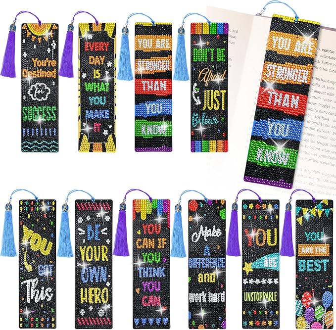10 Pcs Christian Bible Verse Leather Diamond Painting Bookmark, DIY Book Makers for Adults Book Lovers, Diamond Art Beginners, Small Diamond Art Kits, Crafts Supplies Gift (Motivation)