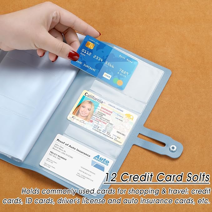 Leather Receipt Organizer, Portable Receipt Holder for Travel, Daily Coupon Organizer with 20 Pockets and 12 Card Slots to Keep Receipts and Coupons Organized, Prevent Loss and Damage (Light Blue)