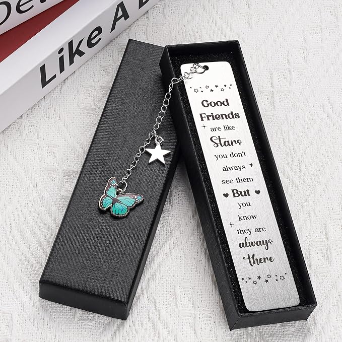 Long Distance - Stainless Steel Bookmark with Blue Enamel Butterfly Charm, Friendship Bookmarks for Book Lovers, Birthday, Graduation, Christmas, Keepsake