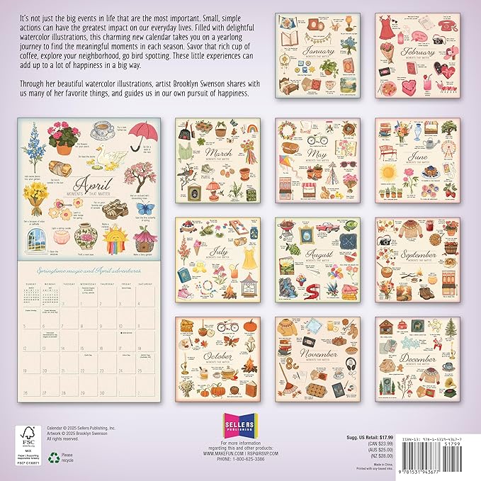 Moments that Matter 2026 Wall Calendar, 12-Month Inspirational Watercolor Art & Motivational Quotes by Brooklyn Swenson, 12" × 12" with Large Grids for Home or Office