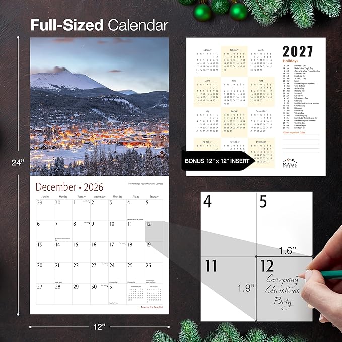 MICASA PRESS America the Beautiful 2026 Wall Calendar 12 Month | 12" x 24" Open | Thick & Sturdy Paper | Giftable | Nature Travel Calendar 2026