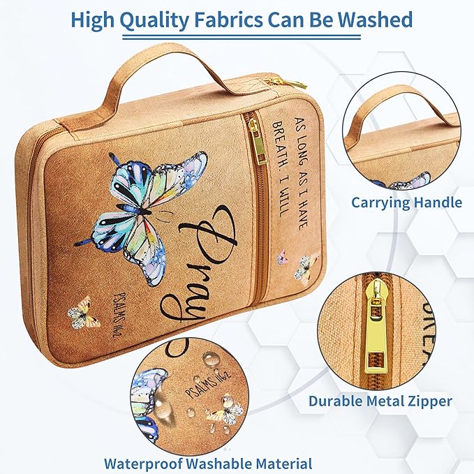 Bible Cover for Women, Bible Holder, Bible Cover Carrier Carrying Organizer Bag, God is Within Her She Will Not Fall, Zipper and Pockets for Standard Size Bible, Gift for Women（Butterfly）