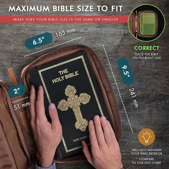 ELIZO Leather Bible Cover for Men Bible Case for Women Zippered Holder Protector Cross Church Tote Bag Carrying Organizer Sleeve Gift Standard Tan