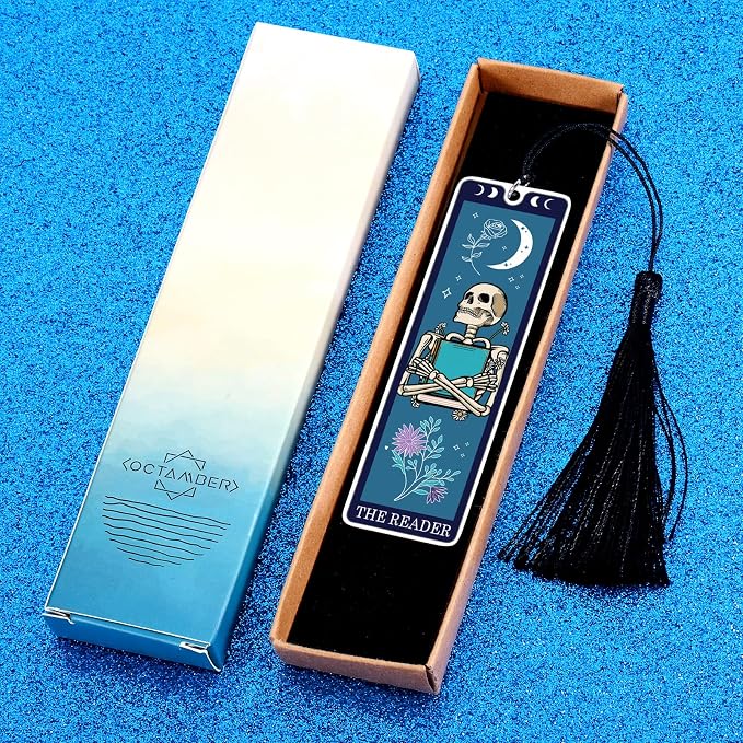Halloween Spooky Bookmarks Basket Stuffers for Women Unique Skull Tarot Card Bookmark for Book Lovers Halloween Boo Basket Stuffers for Him Tarot Metal Bookmark with Tassels, Funny Christmas Bookmarks