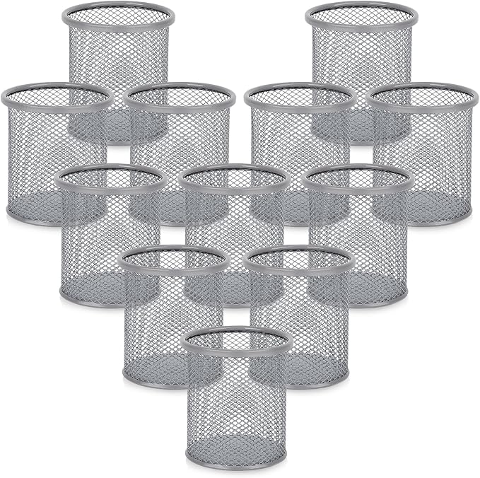 Segarty Pen Cup Holder for Desk, 12 Pack Round Silver Pen Holder, Wire Mesh Pencil Cups Containers Marker Organizer Set for Office Supplies, School, Desktop Accessories, Makeup Brush