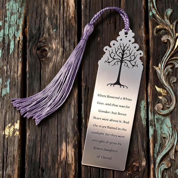 Lord of Rings Themed Metal Bookmark with Tassel for Men & Women, Stainless Steel Book Marker Gift for Fantasy Book Lovers-White Tree of Gondor