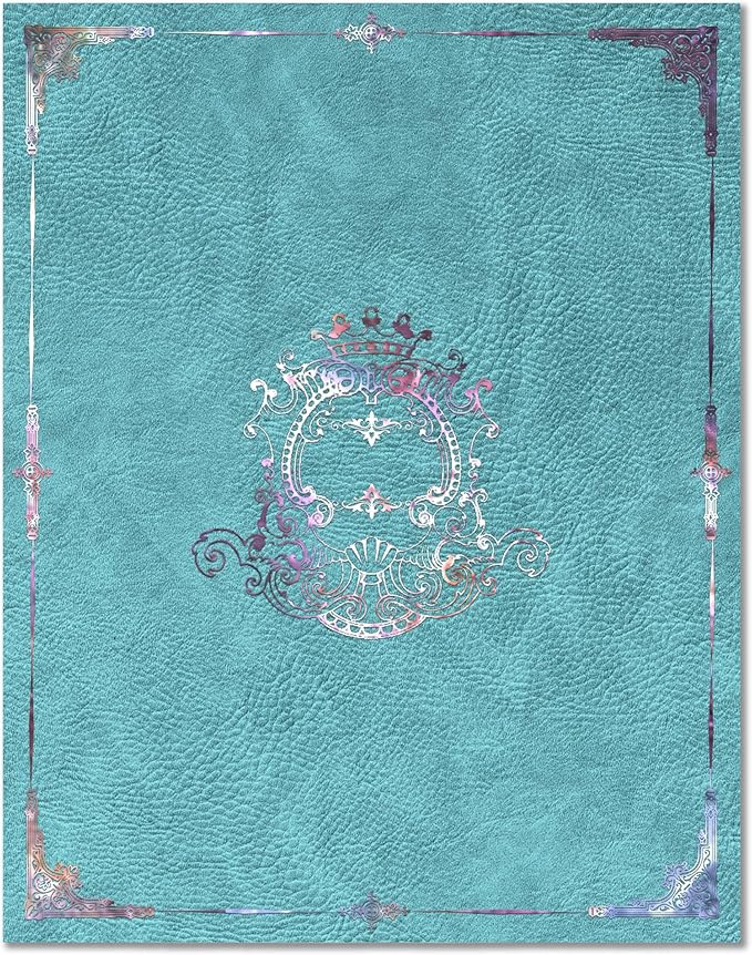 12 Pack Decorative File Folders in Matching Resuable Rigid Box, Violet Silver Ornate Design On Blue Leather, Letter Size 9.2x11.7 Colored Folders, Full Color Outside & On Pockets with Beige Lining