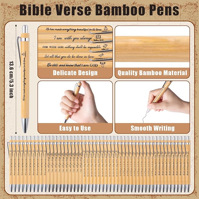 Haooryx Christian Bible Pen Bookmark - 50-Piece Christian Bible Verse Bamboo Inspirational Pen Scripture Biblical Bookmark Set Sunday School Church Religious Multi-Item Party Favor Packs Gifts Bulk
