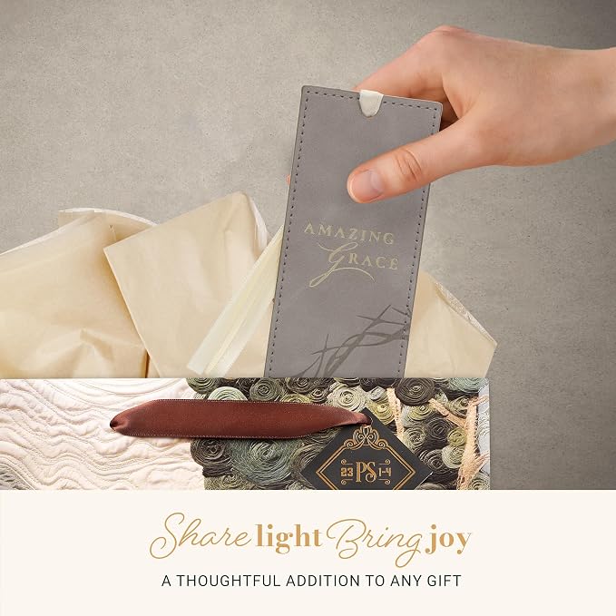 Christian Art Gifts Faux Leather Scripture Bookmark for Men & Women: Amazing Grace with Golden Encouraging Bible Verse, Debossed Crown of Thorns Design, Satin Ribbon Markers for Reading, Taupe & Gold