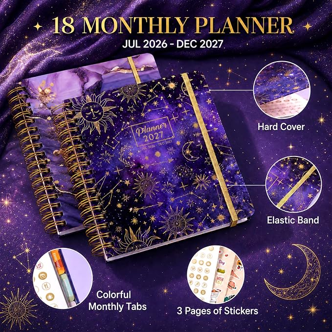 CAGIE Planner 2026-2027 18 Month July 2026-Dec 2027 Weekly and Monthly Calendar Planners Yearly Daily Hardcover 26-27 Planner for Women with Stickers Tabs Spiral Bound Agenda, Purple, 8.3"x9.1