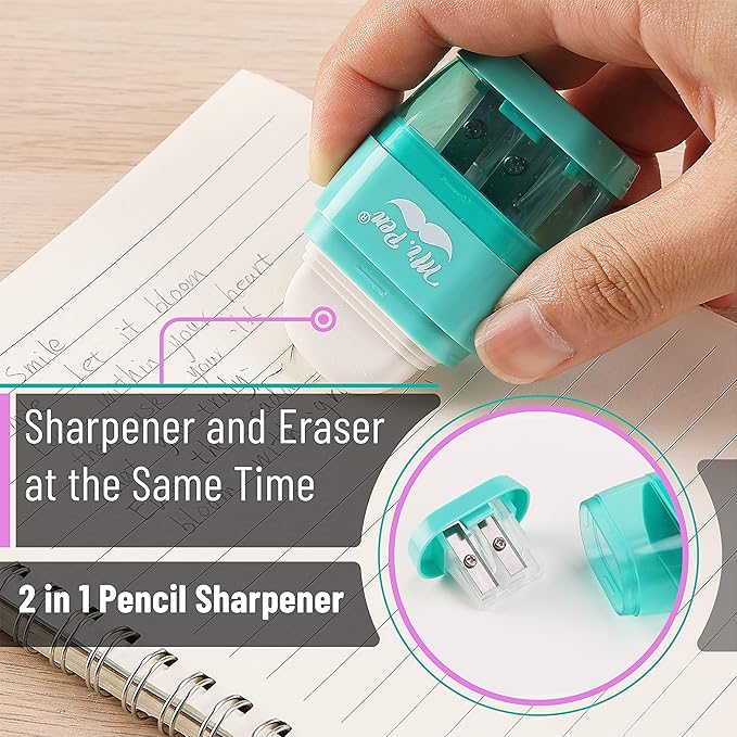 Mr. Pen- Pencil Sharpener & Eraser, 4 Pack, 2-in-1 Manual Sharpeners with Canister, 2 Sharpening Holes for Standard & Jumbo Pencils, Colorful Dual Hole Design for School, Office, Home, Kids