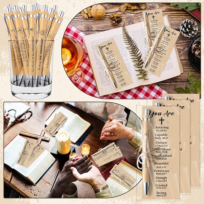 Haooryx Christian Bible Pen Bookmark - 20-Piece Christian Bible Verse Bamboo Inspirational Pens Bookmark Set You are Amazing Scripture Biblical Bookmark Church Multi-Item Party Favor Packs Gifts Bulk