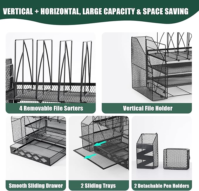 Desk Organizers and Accessories with File Holder, 4-Tier Mesh Paper Letter Tray Organizer with Drawer, 2 Pen Holders and 4 File Sorters, Desktop Organizer for Office Supplies
