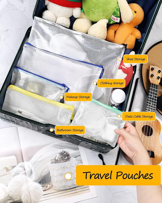 SUNEE Plastic Mesh Zipper Pouch 11x15 in (8 Colors, 24 Packs),Extra Large Water-Resistant Zip Bag for School Office Supplies, Puzzles & Games Organizing Storage