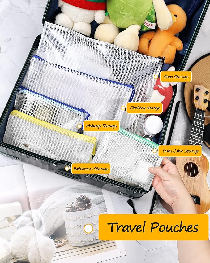 SUNEE Plastic Mesh Zipper Pouch 6.8x9.2 in (6 Colors, 12 Packs), Small Water-Resistant Zip Bag for School Office Supplies, Pencil Organizing Storage