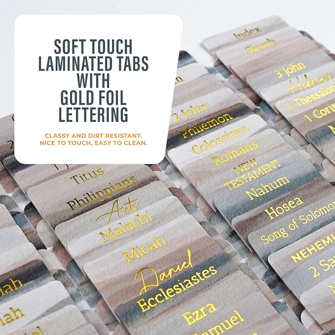 OFFILICIOUS Bible Book Tabs, 100 Gold-Foiled, Soft-Touch, Laminated Bible Tabs for Holy Bible, Protestant & Catholic Bible Tabs, Blue Bible Tabs for Women & Men