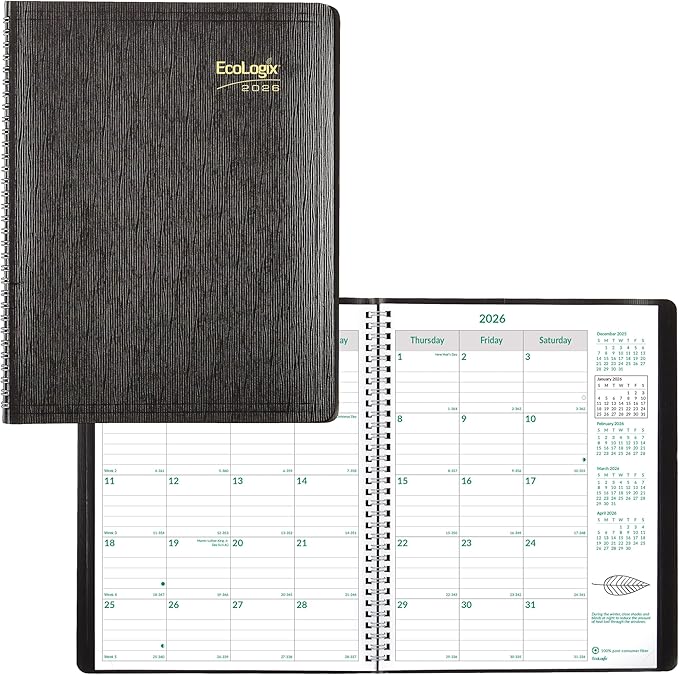 Brownline® 2026 EcoLogix® Monthly Planner, 14 Months, December 2025 to January 2027, Recycled, Twin-Wire Binding, 11" x 8.5", Black (CB435W.BLK-26)