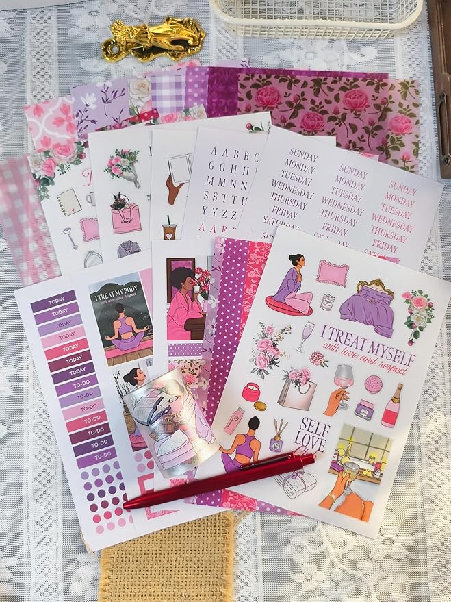 Self Love Monthly Planning Kit – Complete Planner Starter Bundle with Stickers, PET Tape, Pen & Scrapbooking Papers for Mindfulness, Wellness & Creative Planning