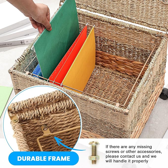 Cinnvoice Decorative Rolling File Cabinet 18 x 16 x 13 in Seagrass Wicker File Box Organizer for Letter & Legal Size Handwoven Hanging Filing Basket with Lid for Folder Home Office Decor Tricolor