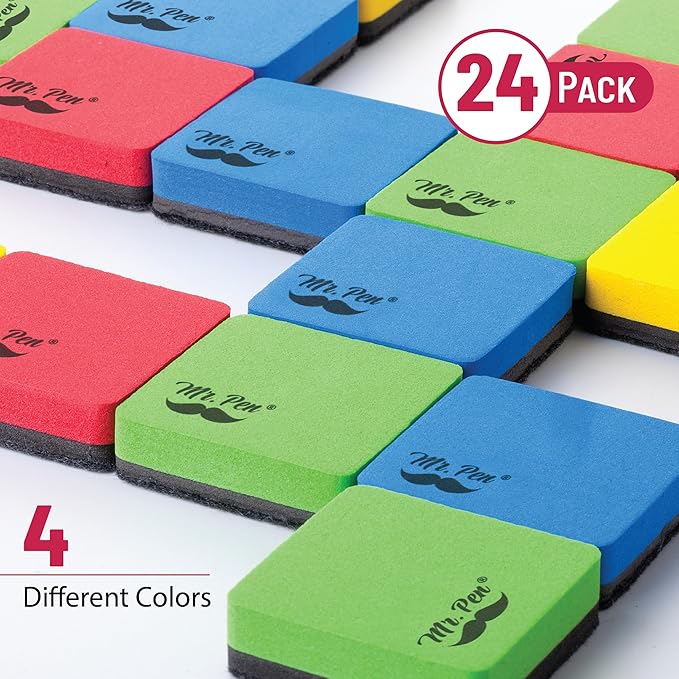 Mr. Pen- Mini Magnetic Dry Erase Erasers, 2" x 2", 24 Pack, Colorful Small Magnetic Whiteboard Dry Erase Erasers Bulk for Kids, Teachers, Students and Classroom Supplies