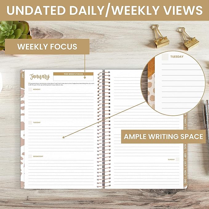 bloom daily planners UNDATED Calendar Year Day Planner - Passion/Goal Organizer - Start Anytime Monthly/Weekly Agenda Book with Tabs (January to December) - 5.5" x 8.25" - Tan Leopard