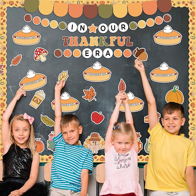 152Pcs Thanksgiving Bulletin Board Decoration Set, In Our Thankful Era Pumpkin Pie Cutouts Kids DIY Photo Craft Fall Border Trims Thanksgiving Classroom Chalkboard Supplies Wall Decor