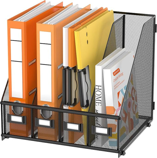 DALTACK 4 Vertical Compartments Magazine File Holder, Binder Organizer, Metal Desk Organizers for Office Home School Classroom Organization, Black