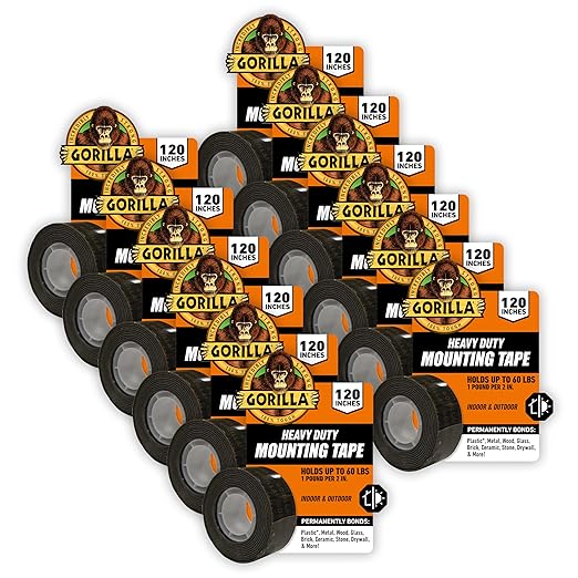 Gorilla Heavy Duty Double Sided Mounting Tape, Black Tape, 1" x 120" (Pack of 12) - Weatherproof for Indoor or Outdoor