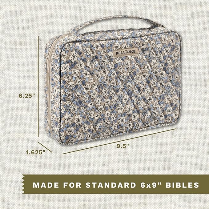 Bella Taylor Small Bible Cover for Women - Quilted Cotton Bible Case for 6 x 9 inch Books - Khaki Floral