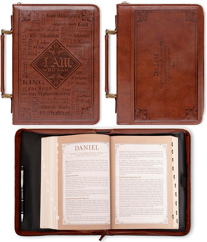 Christian Art Gifts Men's Classic Bible Cover Names of God Exodus 34:6, Brown Faux Leather, Medium
